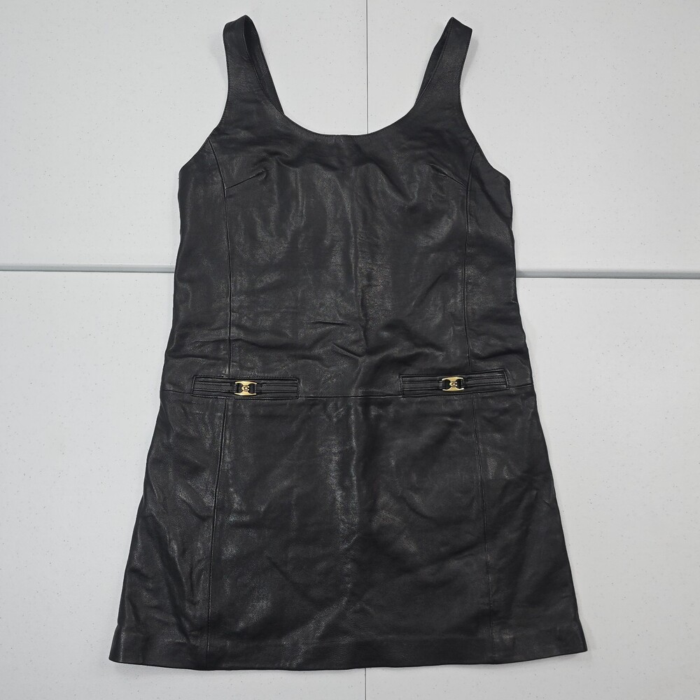 Coach Heritage C Restored Genuine Lamb Leather Mini Dress Black Sleeveless